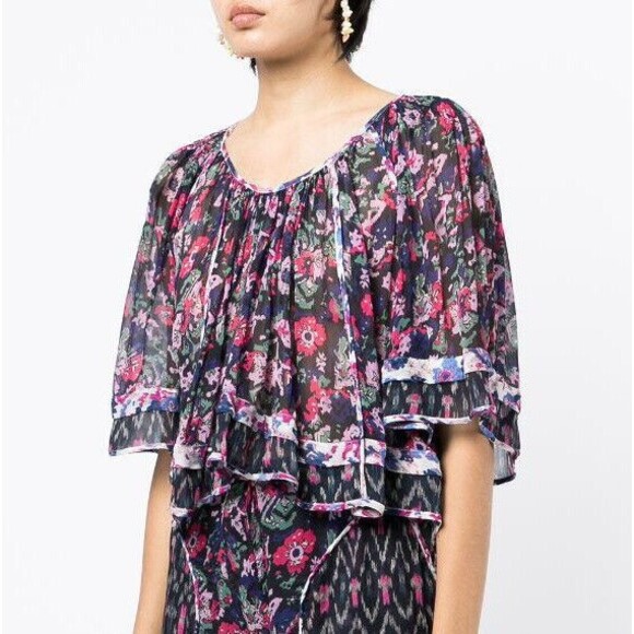 Isabel Marant Étoile Blouse Roxini Floral Print Sheer Navy Blue Pink Women's 34 - Picture 1 of 10